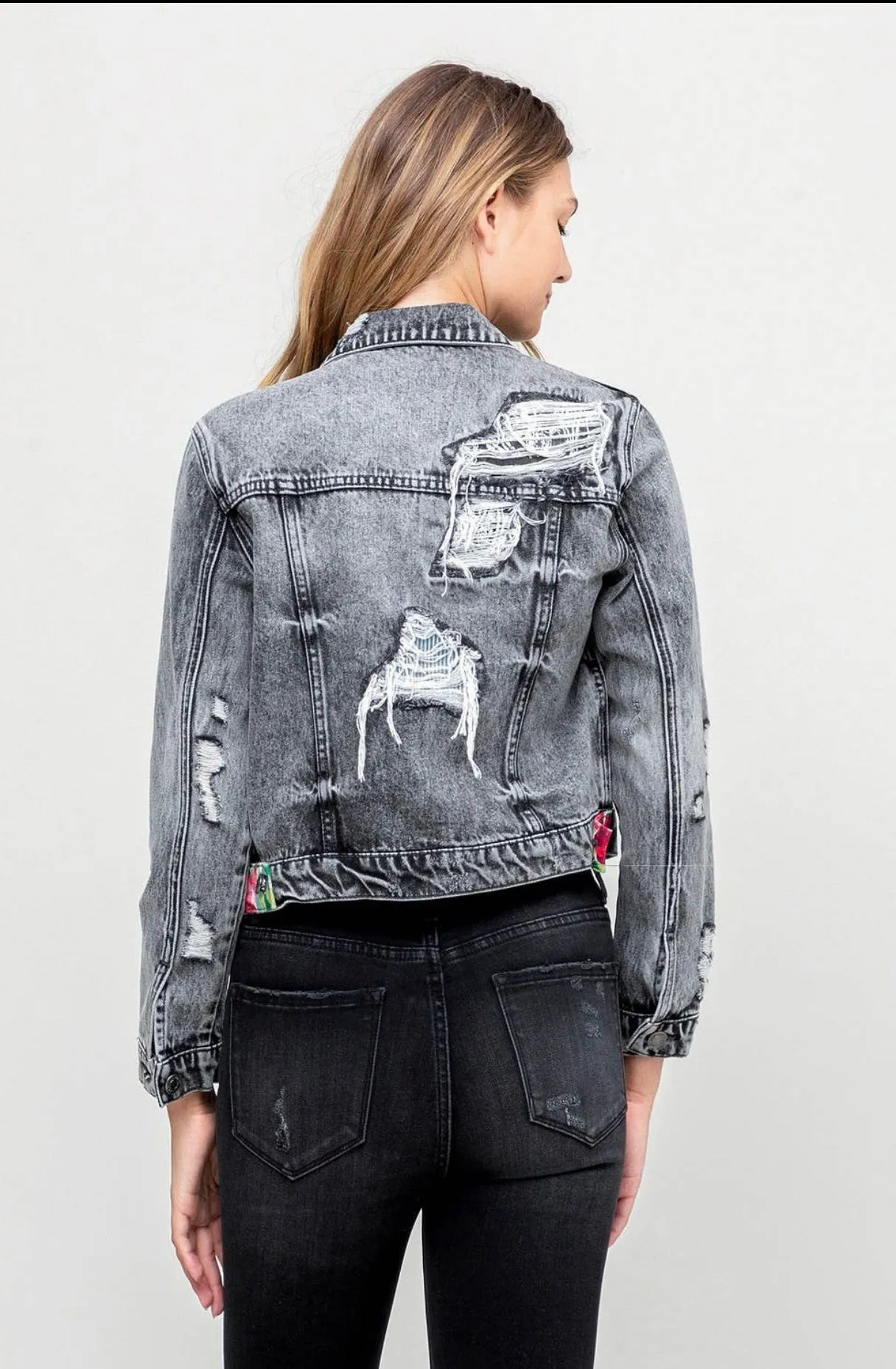 Kimber Distressed Patched Denim Jacket