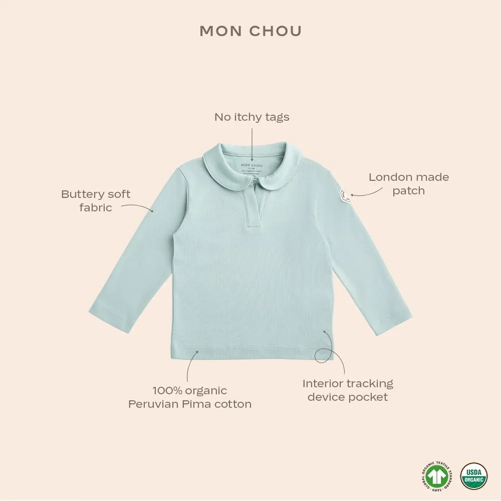 Long Sleeve Polo Shirt, 100% Organic Pima Cotton, V-Neck, Security Tracker Pocket, Baby Infant Toddler Boy Girl