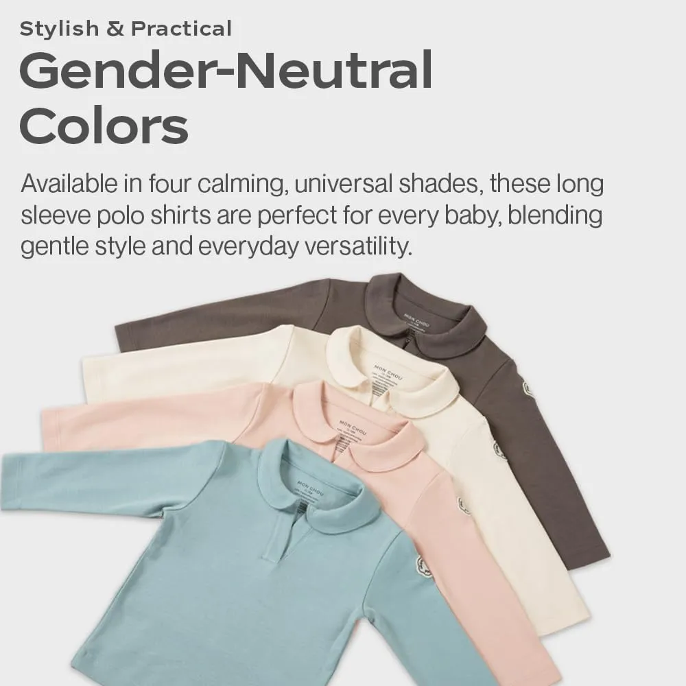 Long Sleeve Polo Shirt, 100% Organic Pima Cotton, V-Neck, Security Tracker Pocket, Baby Infant Toddler Boy Girl