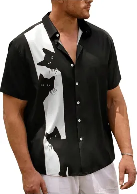 Men's Funny Cat Graphic Tees Shirt Color Block Short Sleeve Button Up Shirts