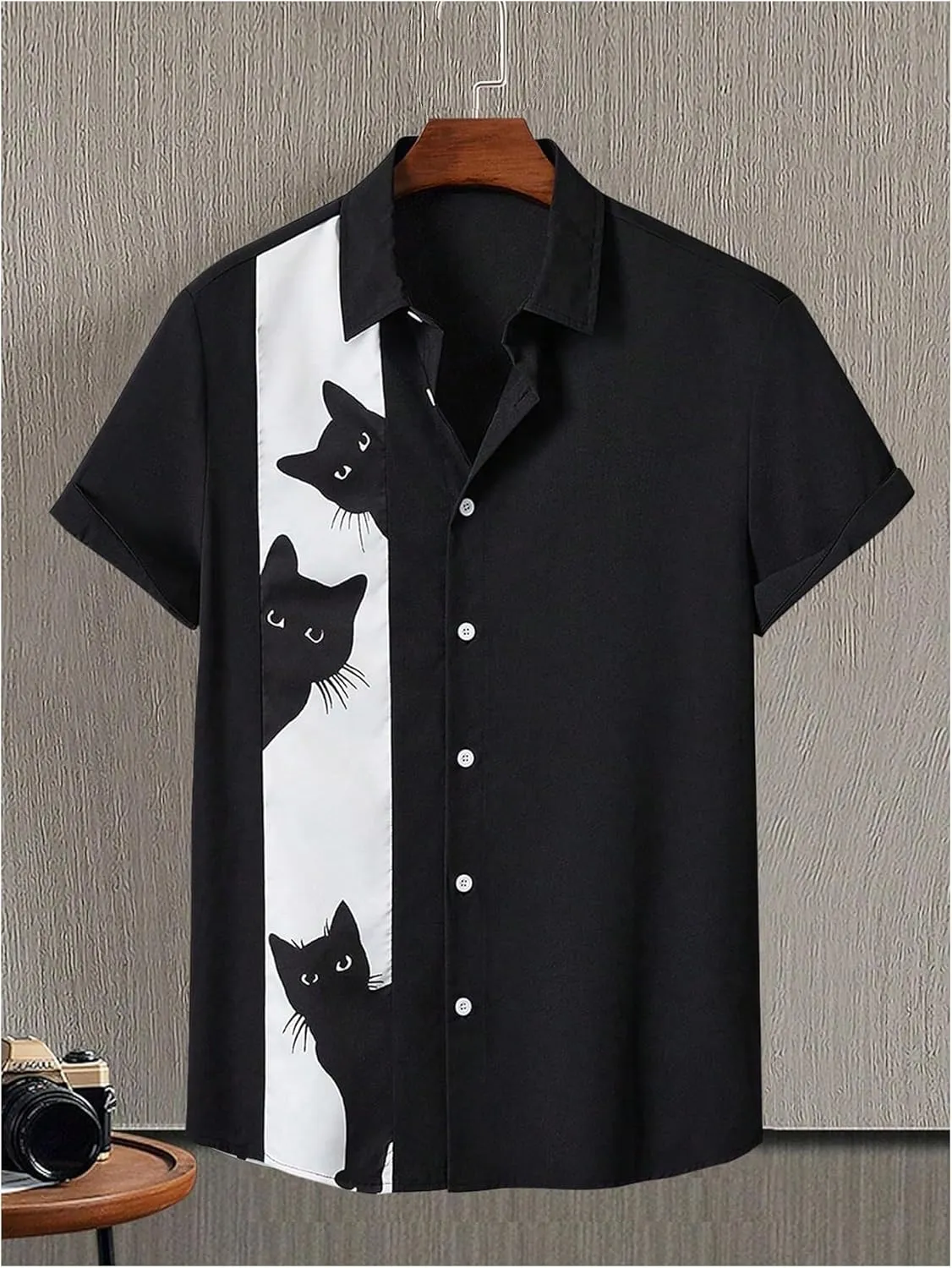 Men's Funny Cat Graphic Tees Shirt Color Block Short Sleeve Button Up Shirts