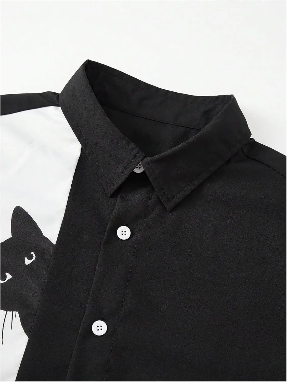 Men's Funny Cat Graphic Tees Shirt Color Block Short Sleeve Button Up Shirts