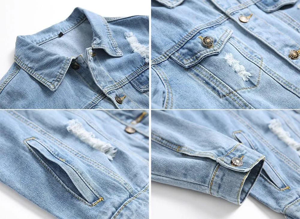 Men`s Retro Vintage Washed Ripped Hip Hop Motorcycle Denim Jacket