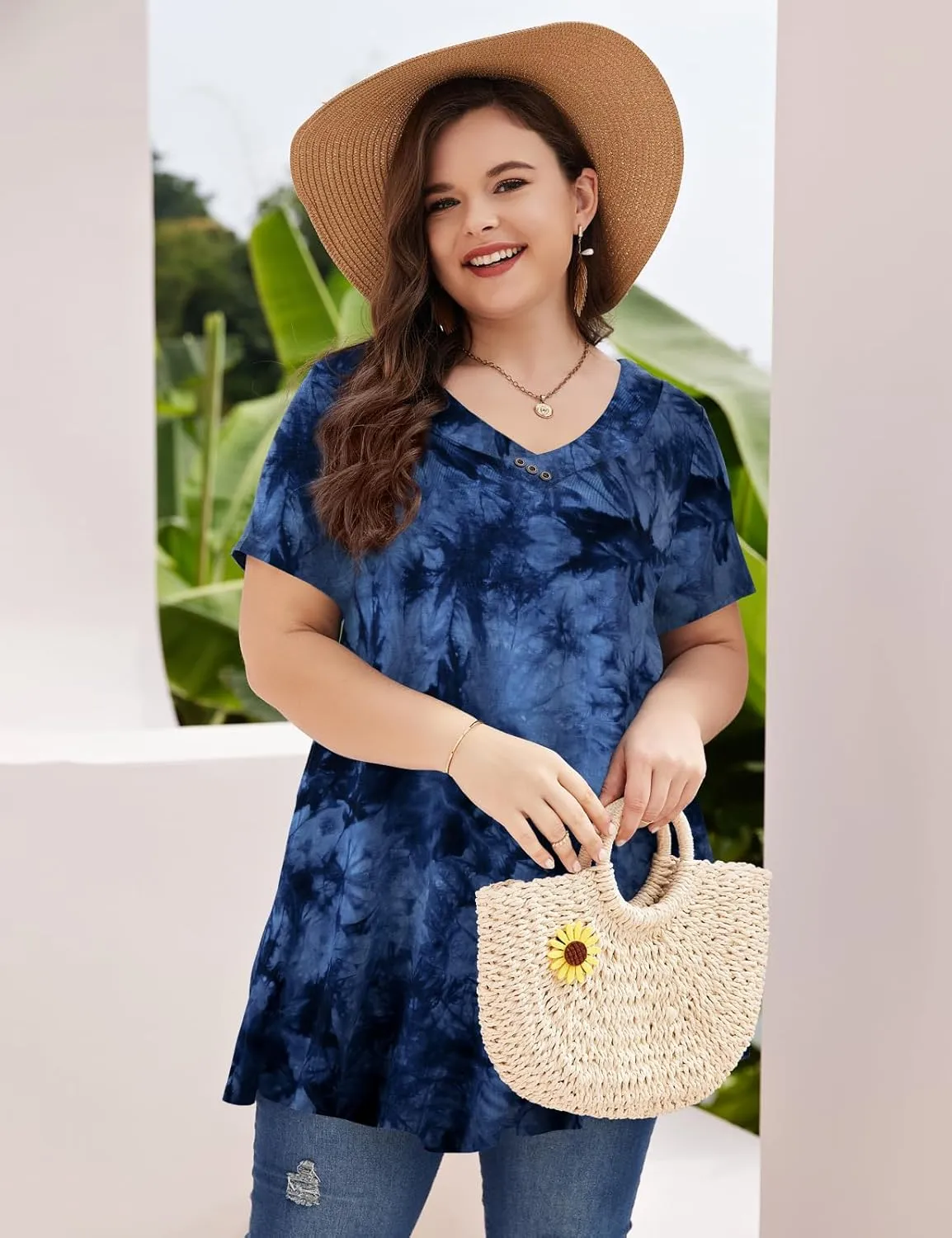 MONNURO Womens Plus Size Short Sleeve V Neck Button Basic Tunic Tops Summer Swing Shirts Blouses for Leggings