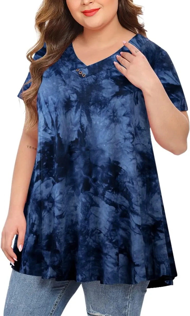 MONNURO Womens Plus Size Short Sleeve V Neck Button Basic Tunic Tops Summer Swing Shirts Blouses for Leggings