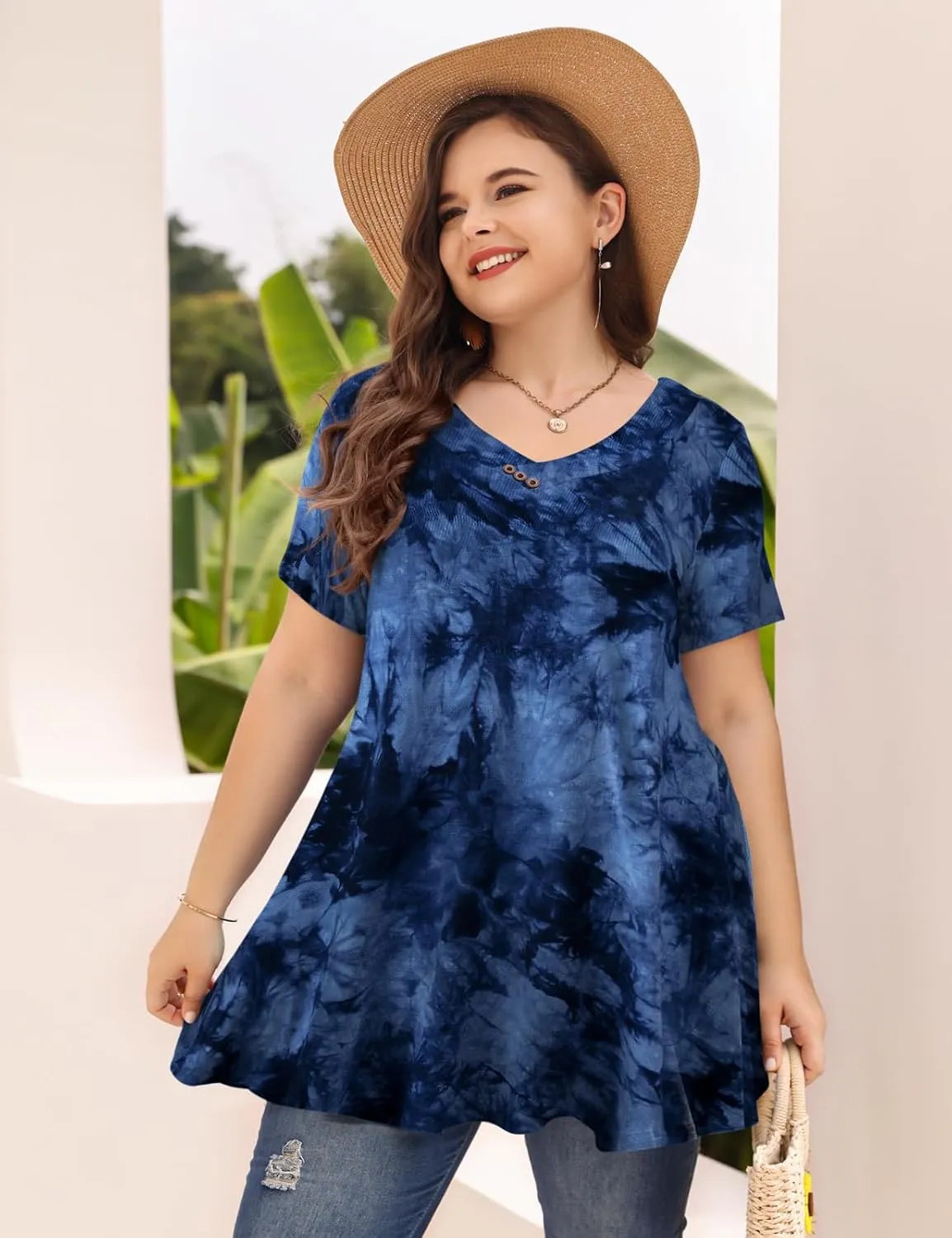 MONNURO Womens Plus Size Short Sleeve V Neck Button Basic Tunic Tops Summer Swing Shirts Blouses for Leggings