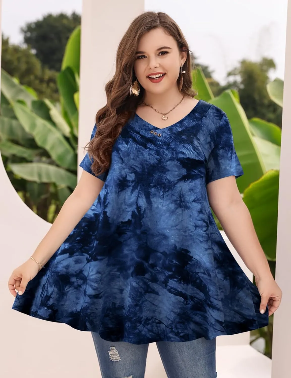 MONNURO Womens Plus Size Short Sleeve V Neck Button Basic Tunic Tops Summer Swing Shirts Blouses for Leggings