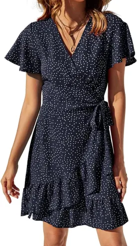 Naggoo Women's Summer Wrap V Neck Polka Dot Print Ruffle Short Sleeve Mini Floral Dress with Belt