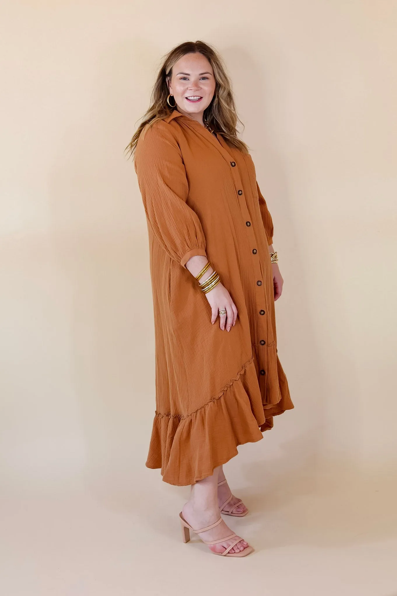 New England Nights Button Up Ruffle Hem Midi Dress in Camel