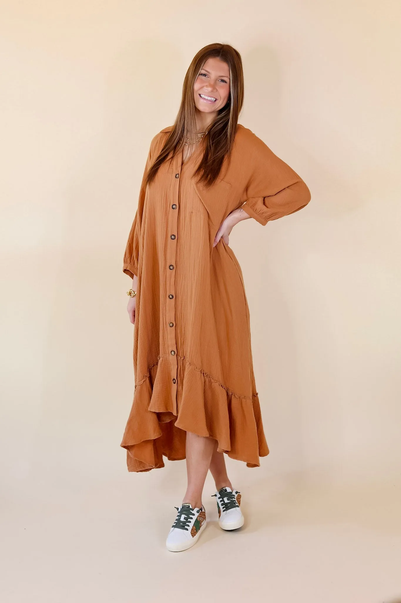 New England Nights Button Up Ruffle Hem Midi Dress in Camel