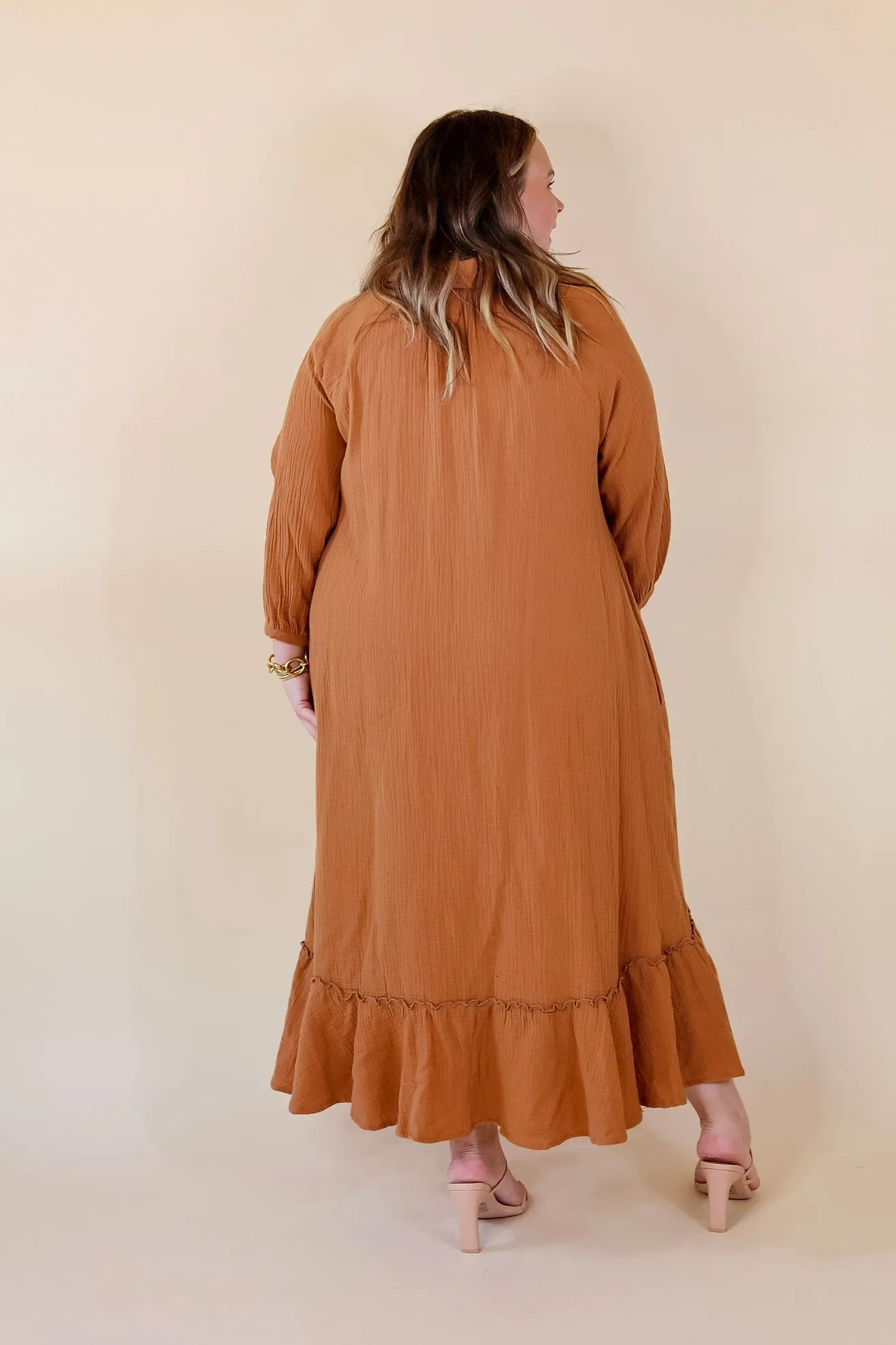 New England Nights Button Up Ruffle Hem Midi Dress in Camel