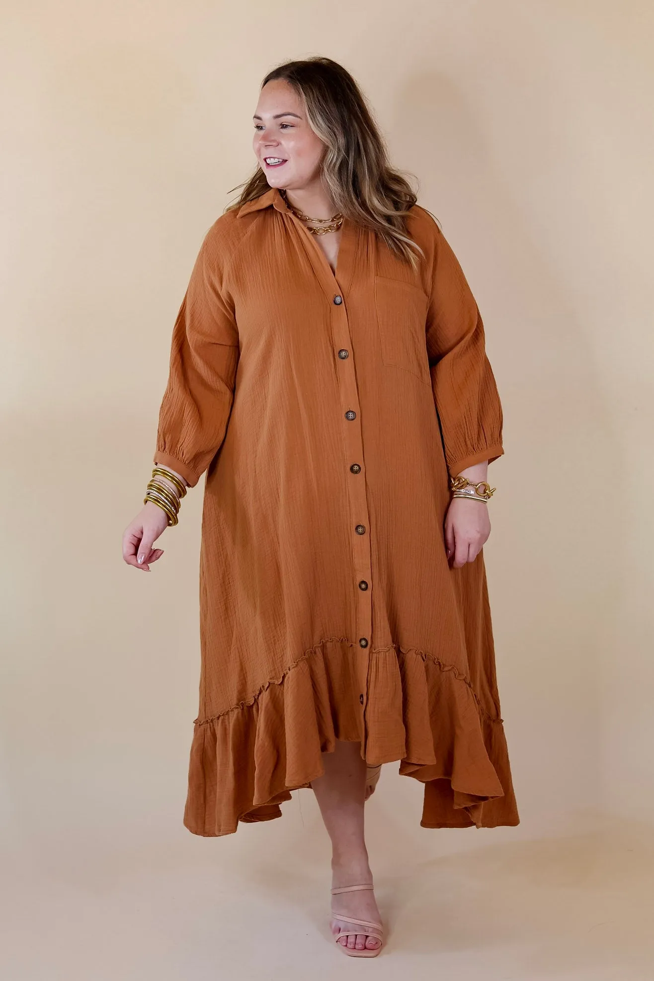 New England Nights Button Up Ruffle Hem Midi Dress in Camel