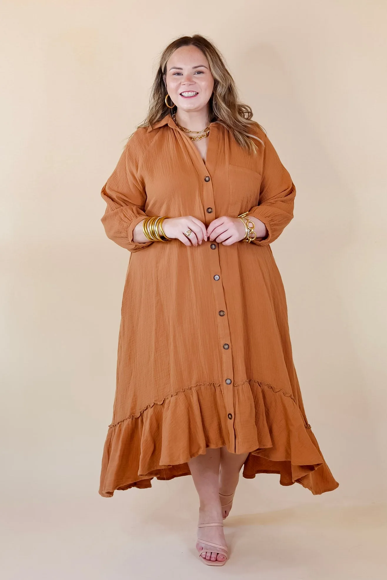 New England Nights Button Up Ruffle Hem Midi Dress in Camel
