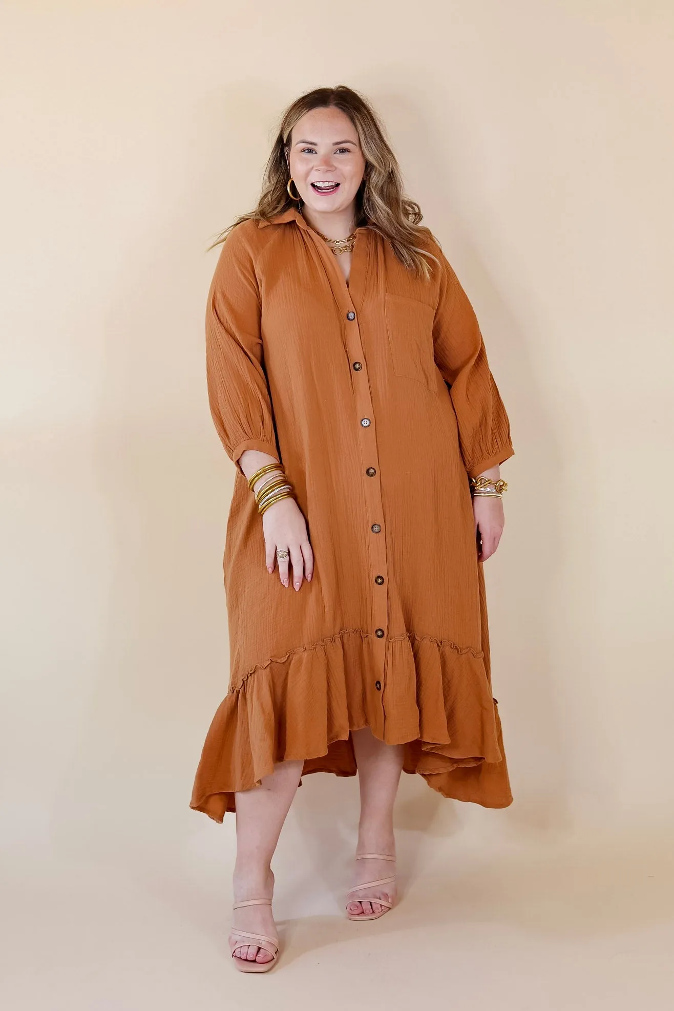 New England Nights Button Up Ruffle Hem Midi Dress in Camel