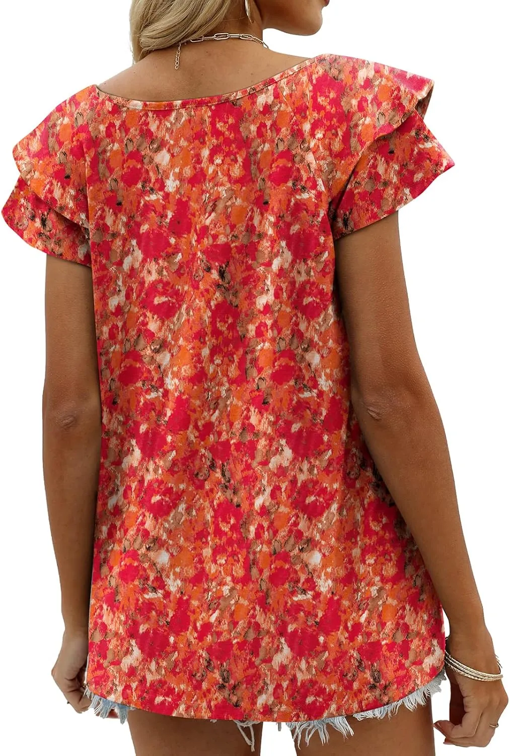 OFEEFAN Womens Summer Tops Ruffle Short Sleeve V Neck T-Shirts Casual Loose Fit