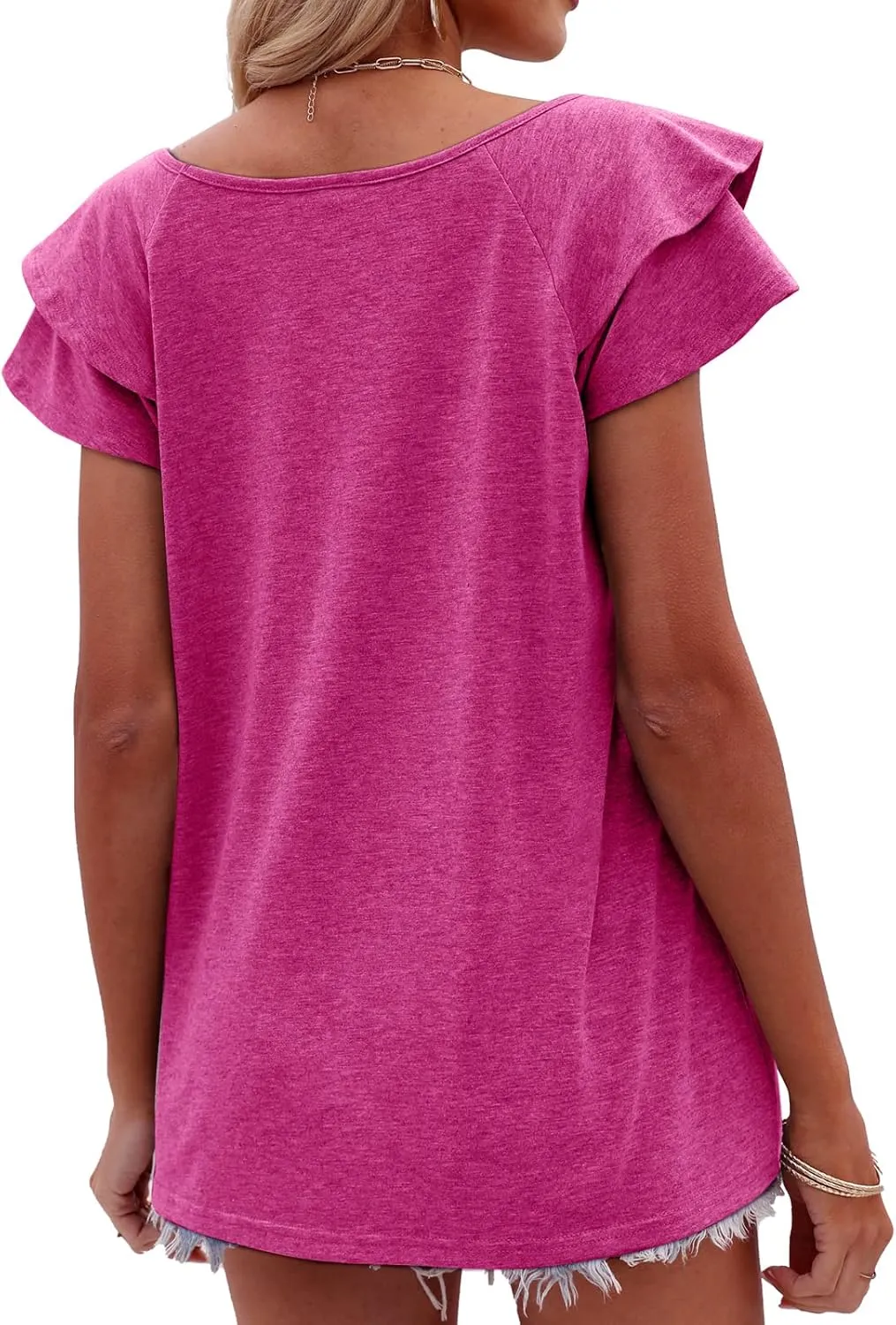 OFEEFAN Womens Summer Tops Ruffle Short Sleeve V Neck T-Shirts Casual Loose Fit