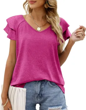OFEEFAN Womens Summer Tops Ruffle Short Sleeve V Neck T-Shirts Casual Loose Fit