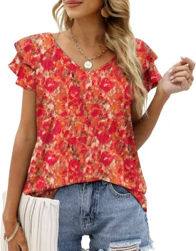 OFEEFAN Womens Summer Tops Ruffle Short Sleeve V Neck T-Shirts Casual Loose Fit