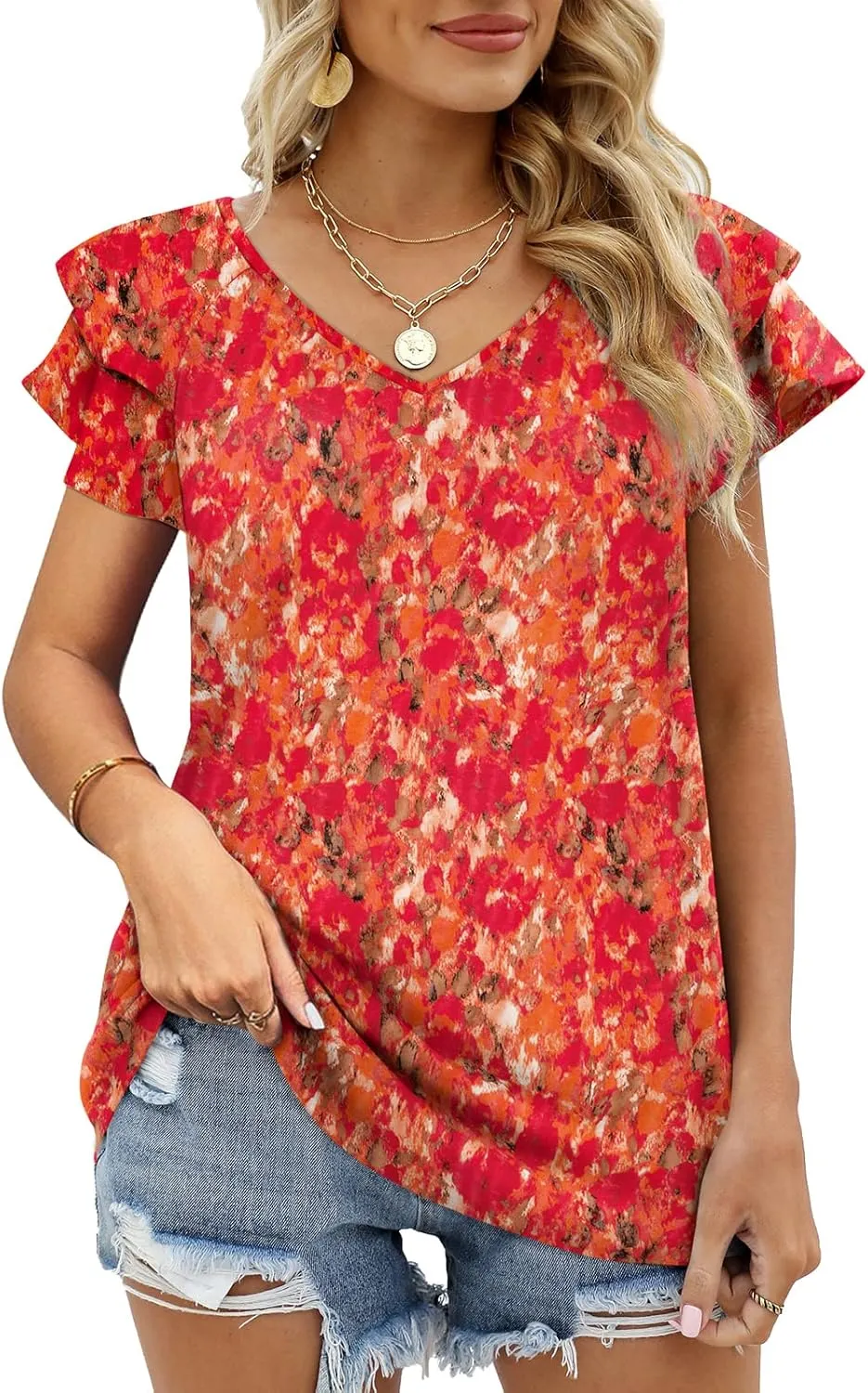OFEEFAN Womens Summer Tops Ruffle Short Sleeve V Neck T-Shirts Casual Loose Fit
