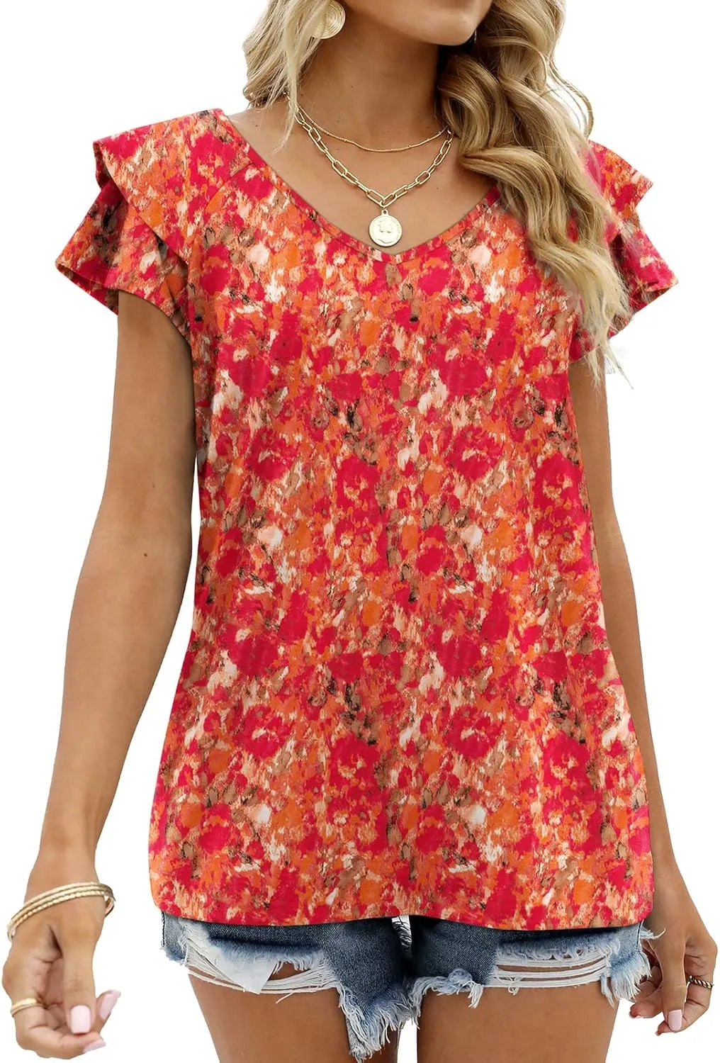 OFEEFAN Womens Summer Tops Ruffle Short Sleeve V Neck T-Shirts Casual Loose Fit