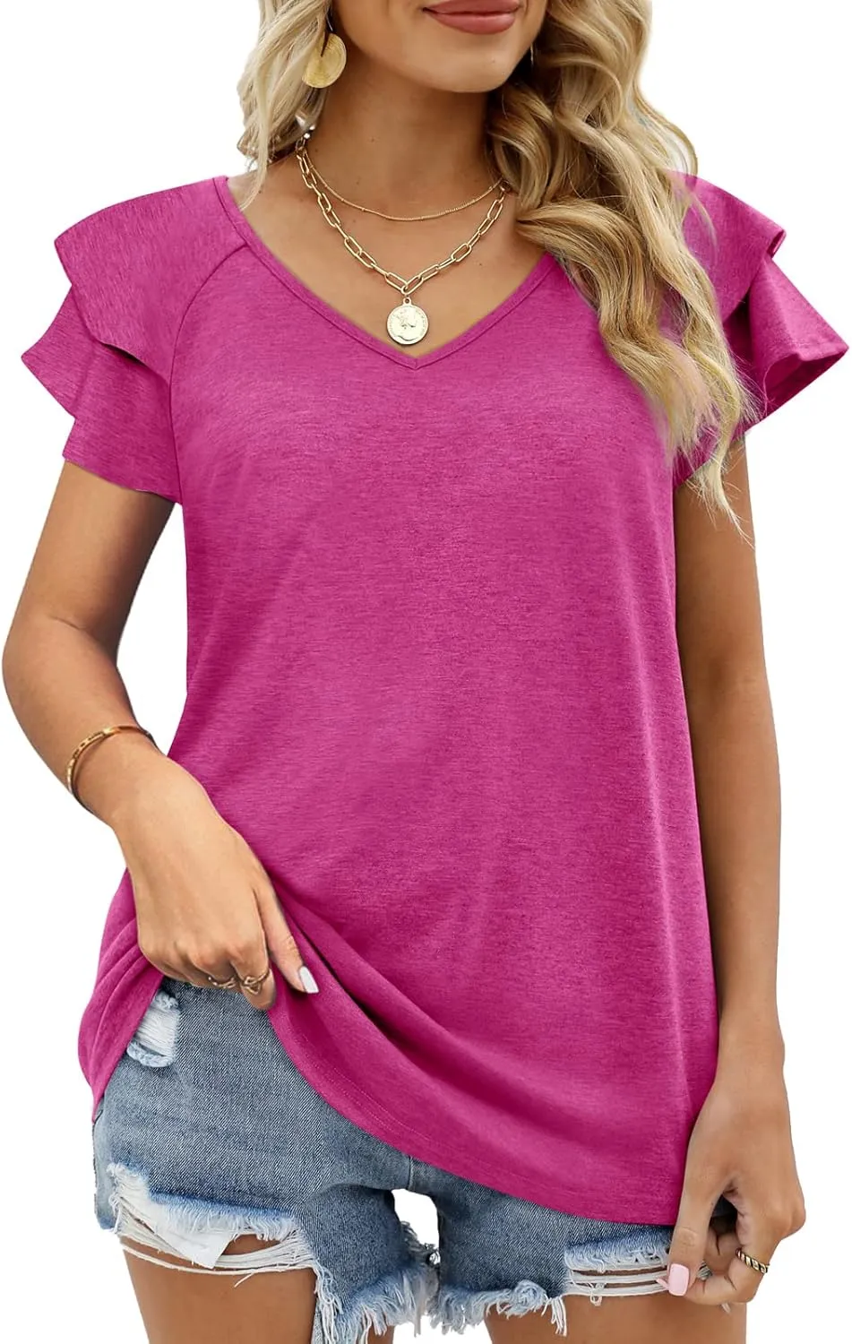 OFEEFAN Womens Summer Tops Ruffle Short Sleeve V Neck T-Shirts Casual Loose Fit