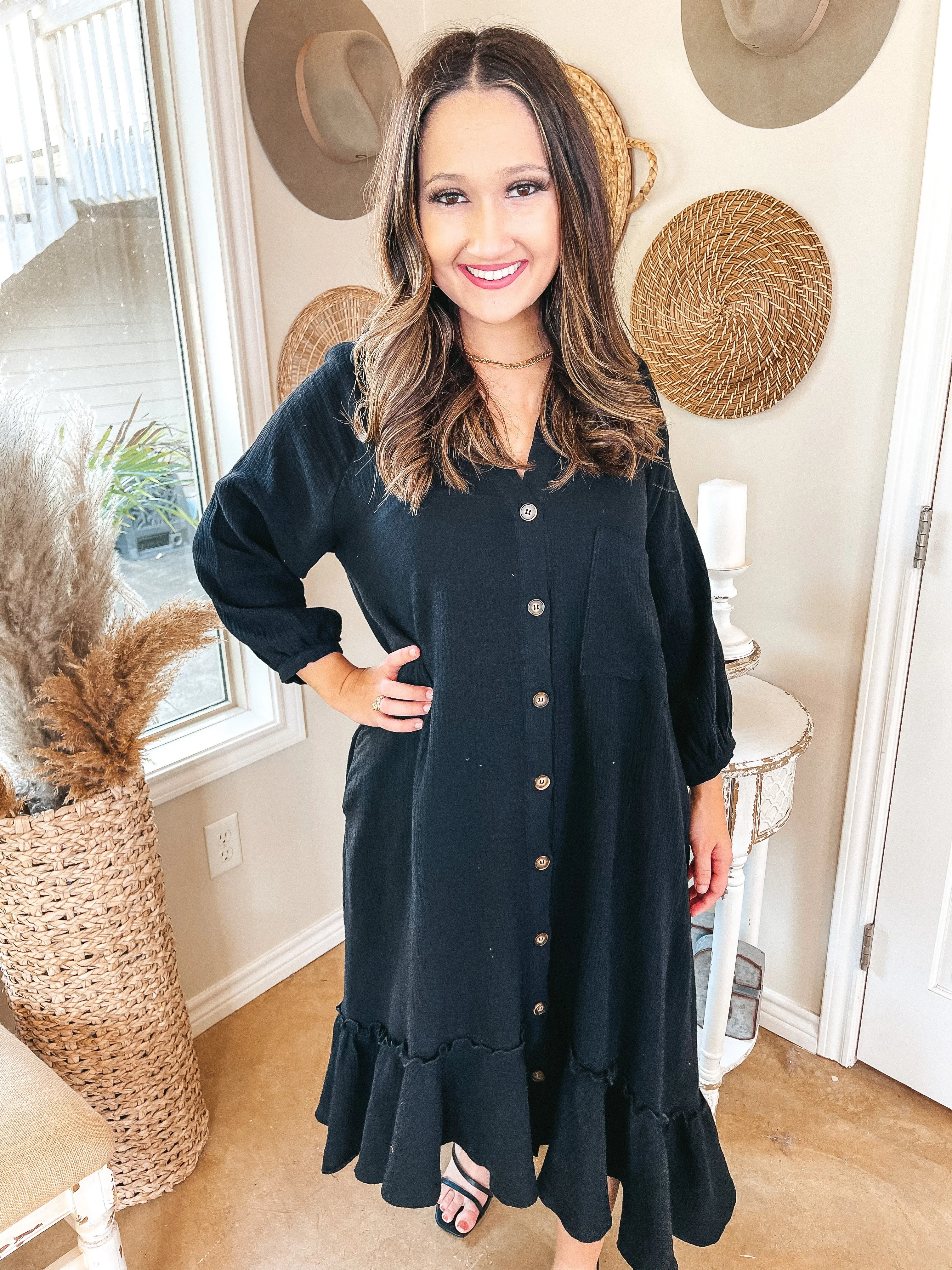Online Exclusive | New England Nights Button Up Ruffle Hem Midi Dress in Black
