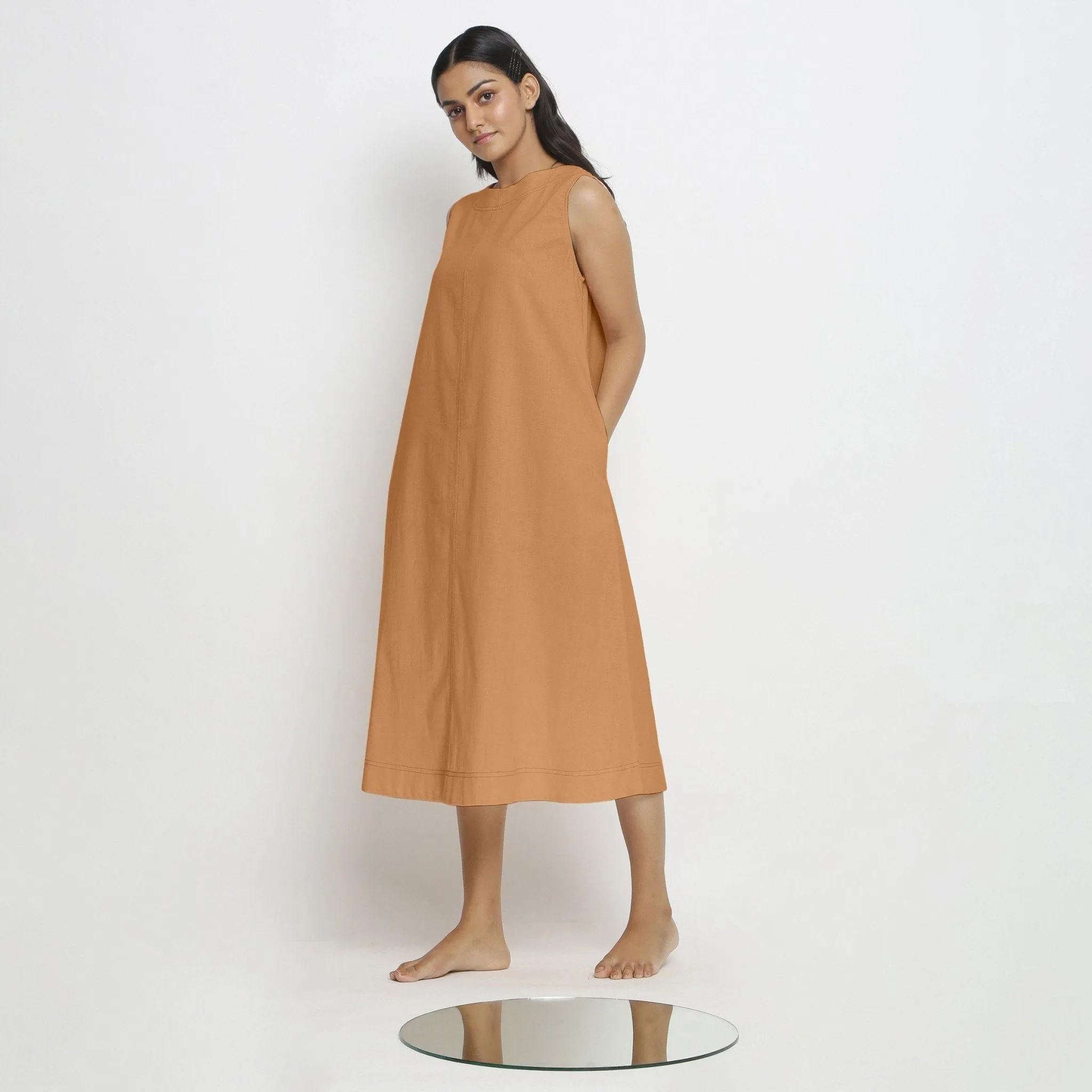 Orange 100% Cotton Paneled A-Line Midi Dress