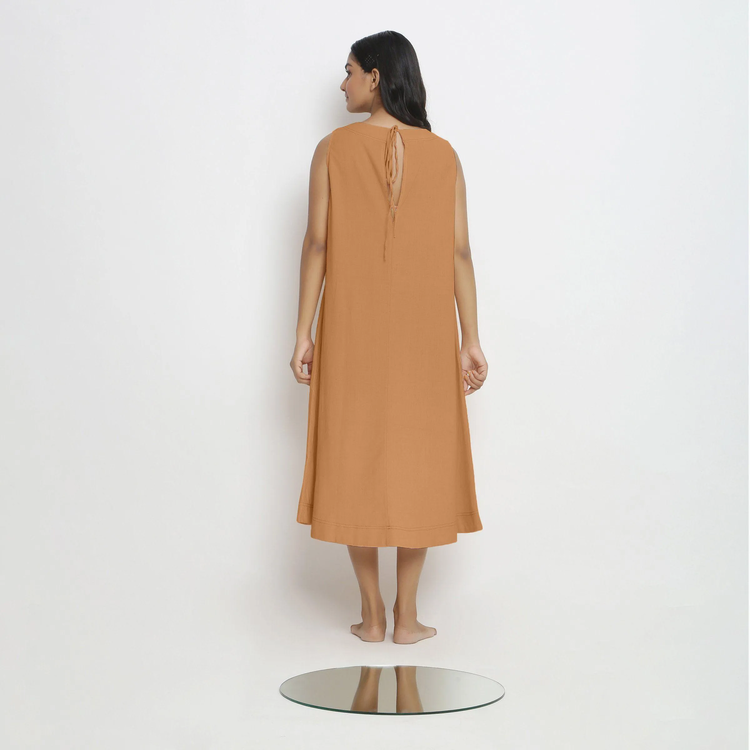 Orange 100% Cotton Paneled A-Line Midi Dress