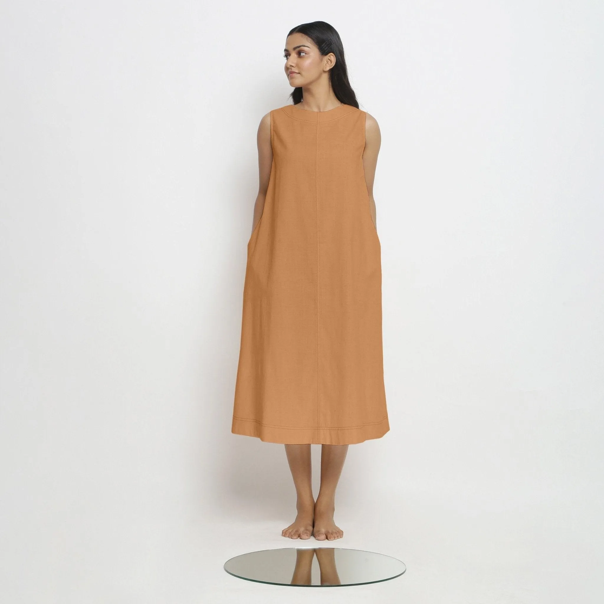 Orange 100% Cotton Paneled A-Line Midi Dress