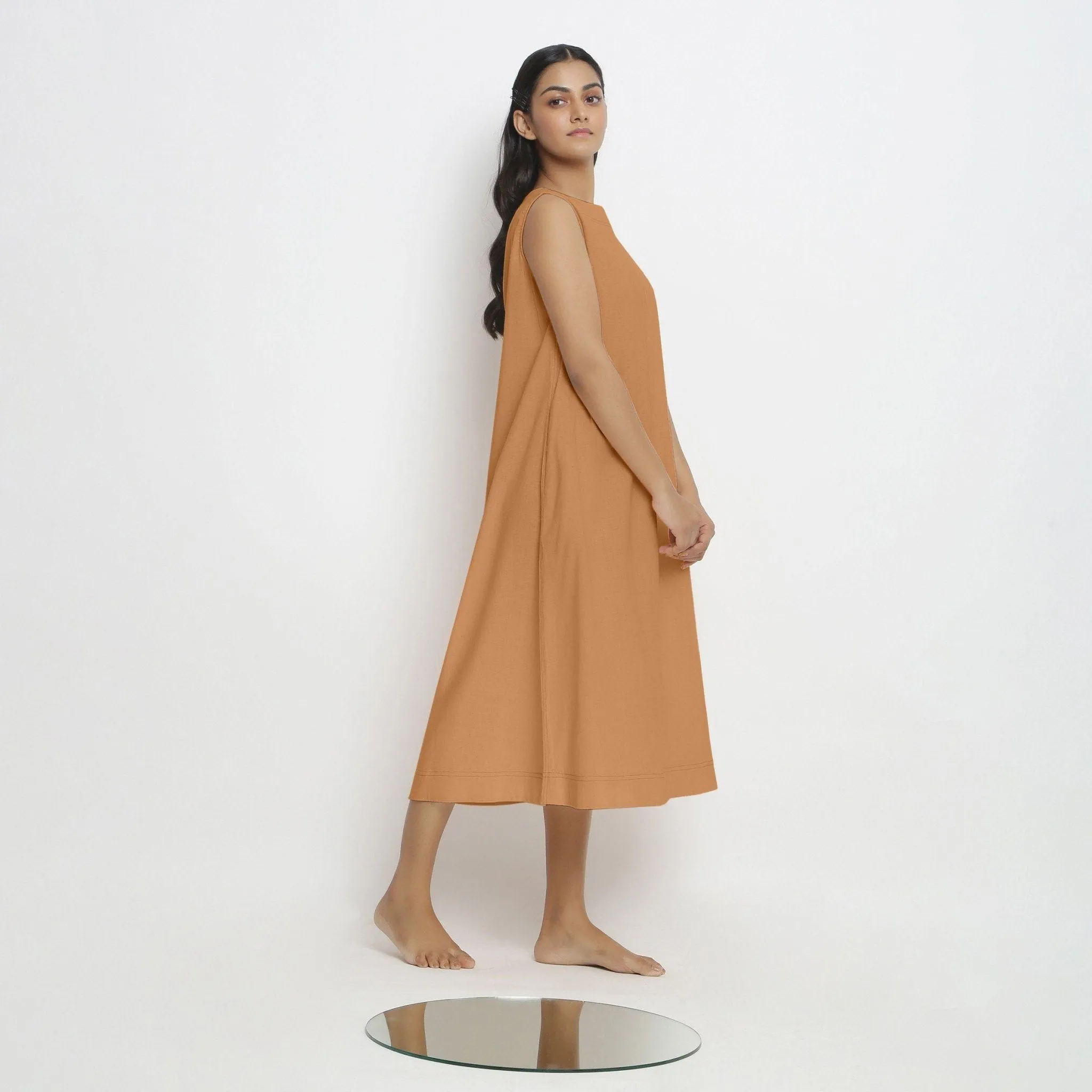 Orange 100% Cotton Paneled A-Line Midi Dress