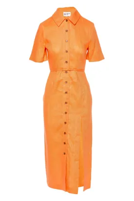 Orange Linen Button Up Midi Shirt Dress