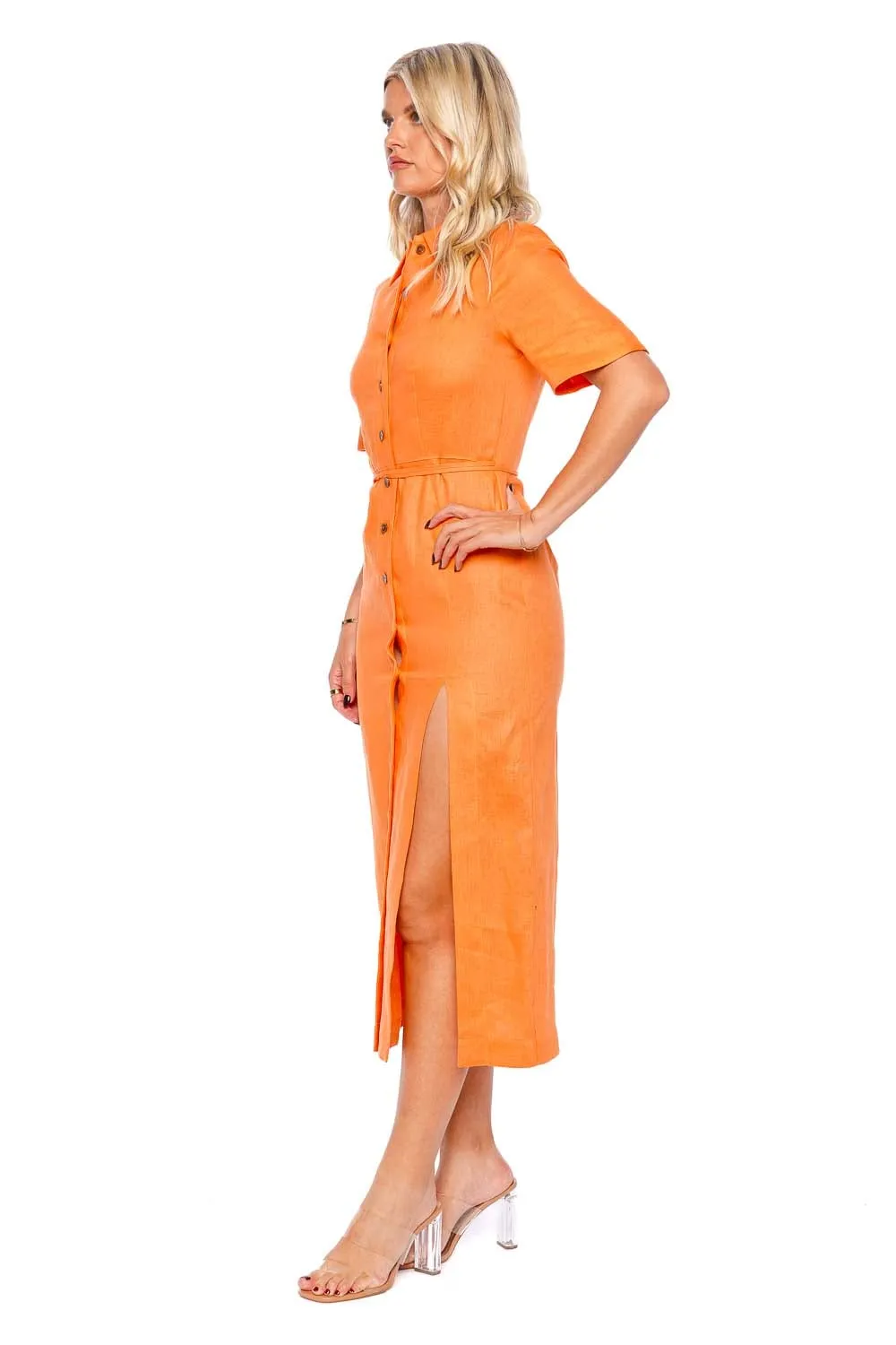 Orange Linen Button Up Midi Shirt Dress