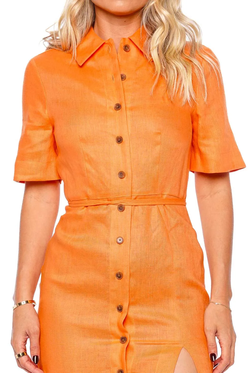 Orange Linen Button Up Midi Shirt Dress
