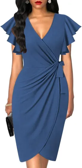 oten Womens Deep V Neck Ruffle Sleeve Sheath Casual Cocktail Party Work Faux Wrap Dress