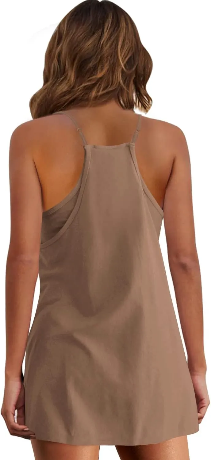 Panadila Womens Summer Sleeveless Mini Dress V Neck Spaghetti Strap Sundress Athletic Short Dress with Pockets