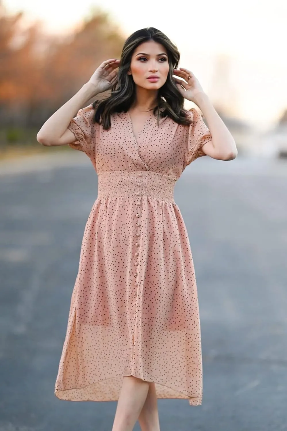PRETTYGARDEN Women's Floral Wrap V-Neck Midi Dress Short Sleeve Boho Summer Beach Long Dress High Low Hem Smocked Dress Women