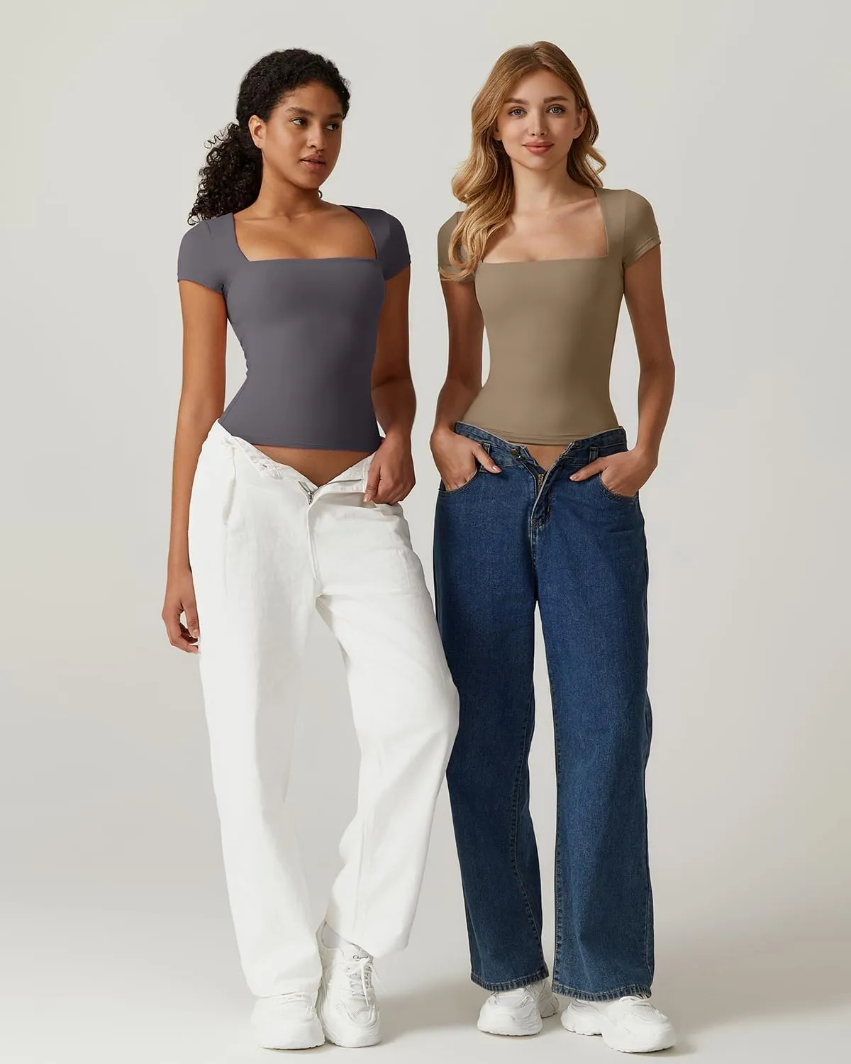 QINSEN Women's Square Neck Short Sleeve T Shirts Double Lined Basic Tee Slim Fit Tops