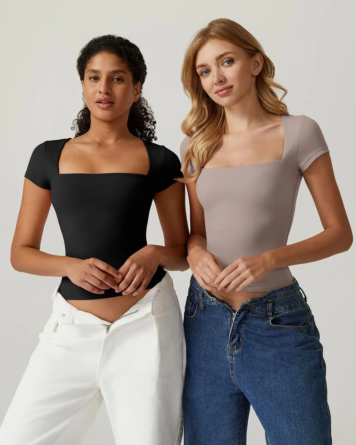 QINSEN Women's Square Neck Short Sleeve T Shirts Double Lined Basic Tee Slim Fit Tops