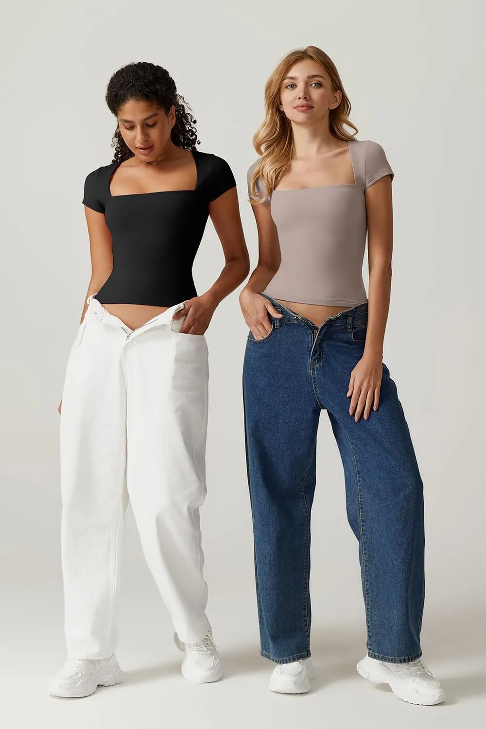 QINSEN Women's Square Neck Short Sleeve T Shirts Double Lined Basic Tee Slim Fit Tops