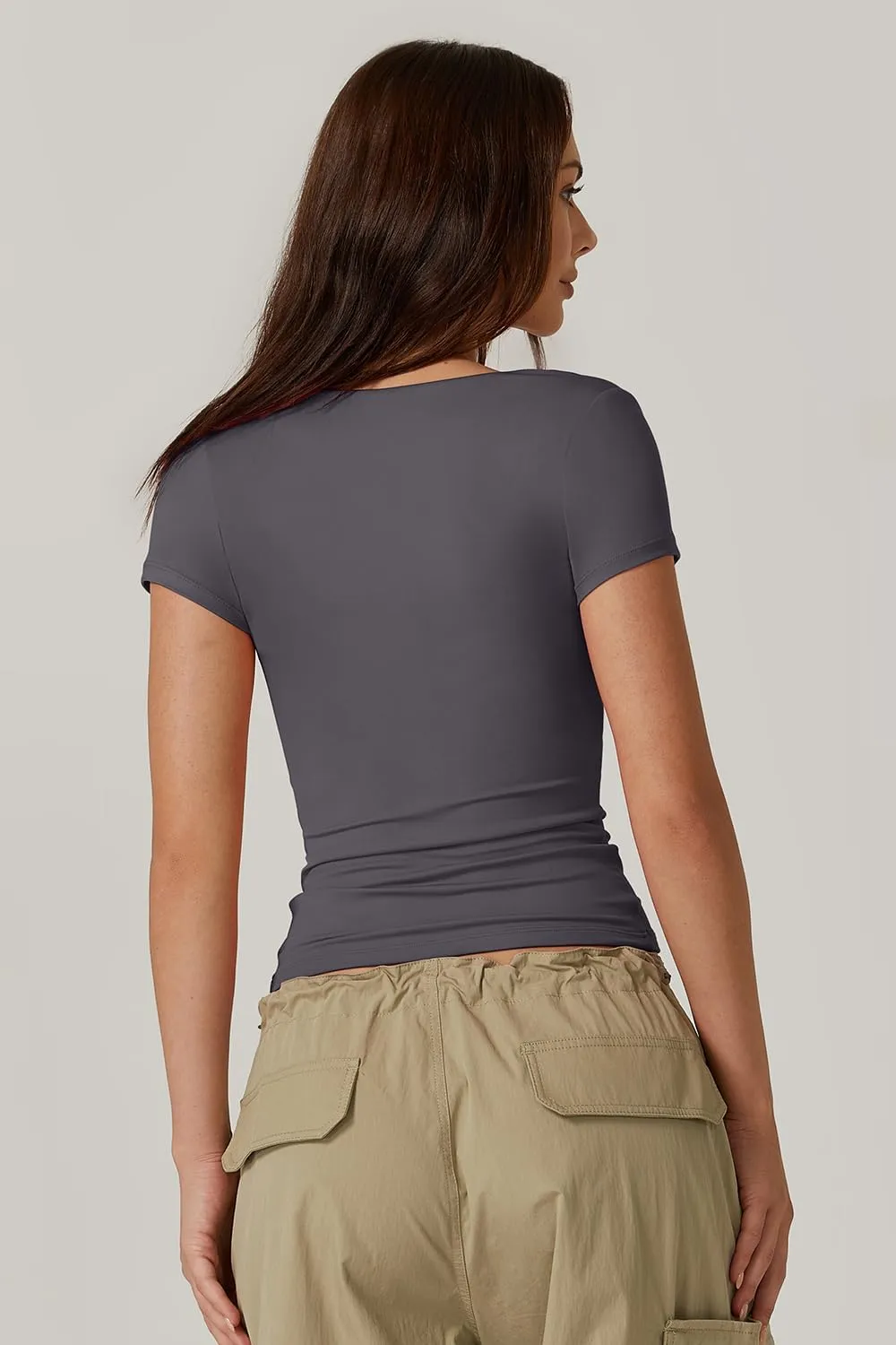 QINSEN Women's Square Neck Short Sleeve T Shirts Double Lined Basic Tee Slim Fit Tops