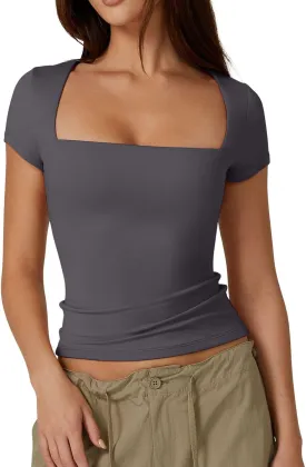QINSEN Women's Square Neck Short Sleeve T Shirts Double Lined Basic Tee Slim Fit Tops