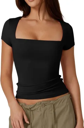 QINSEN Women's Square Neck Short Sleeve T Shirts Double Lined Basic Tee Slim Fit Tops