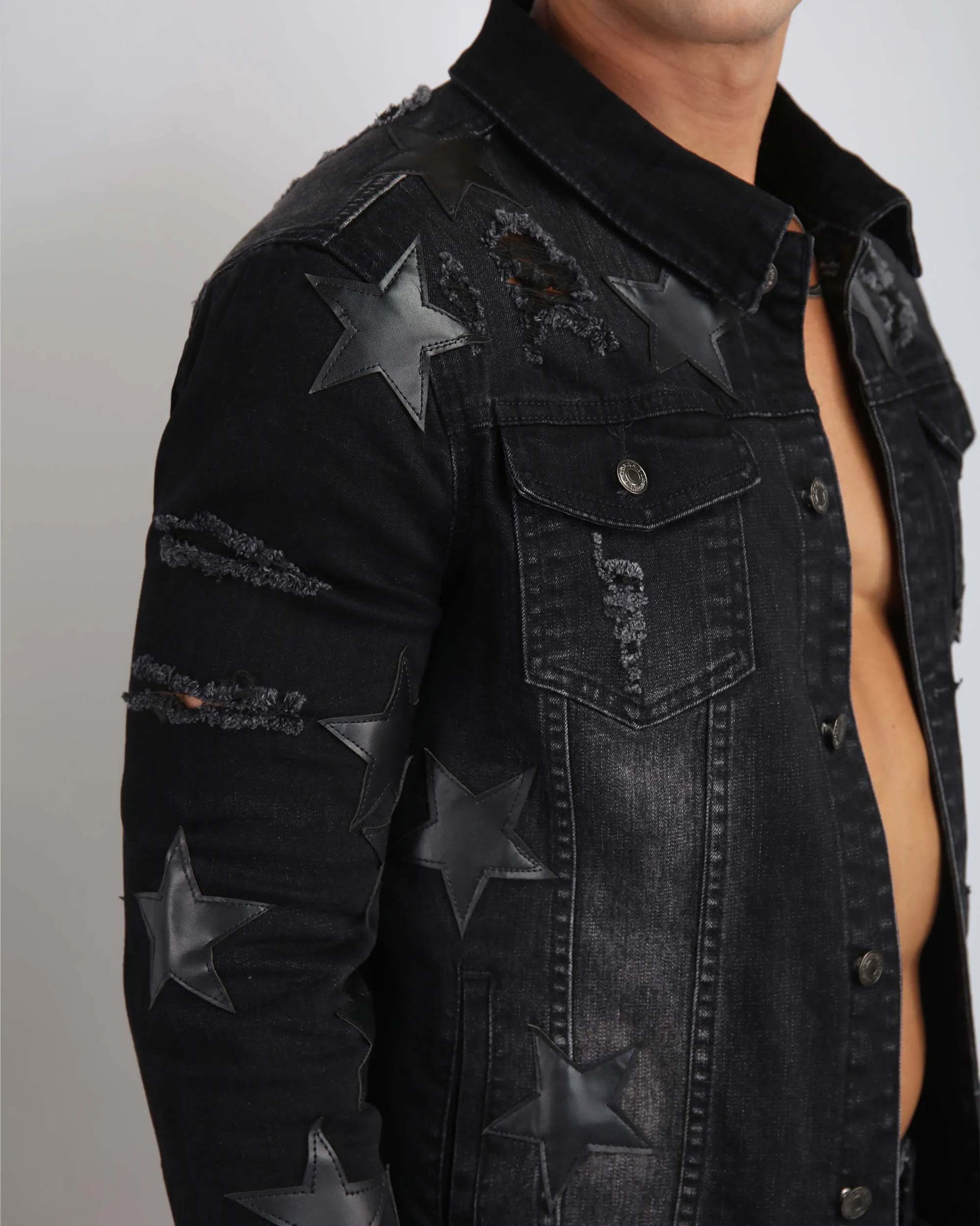 Ripped Black Denim Jacket with Star Patches-Mexico Local Delivery