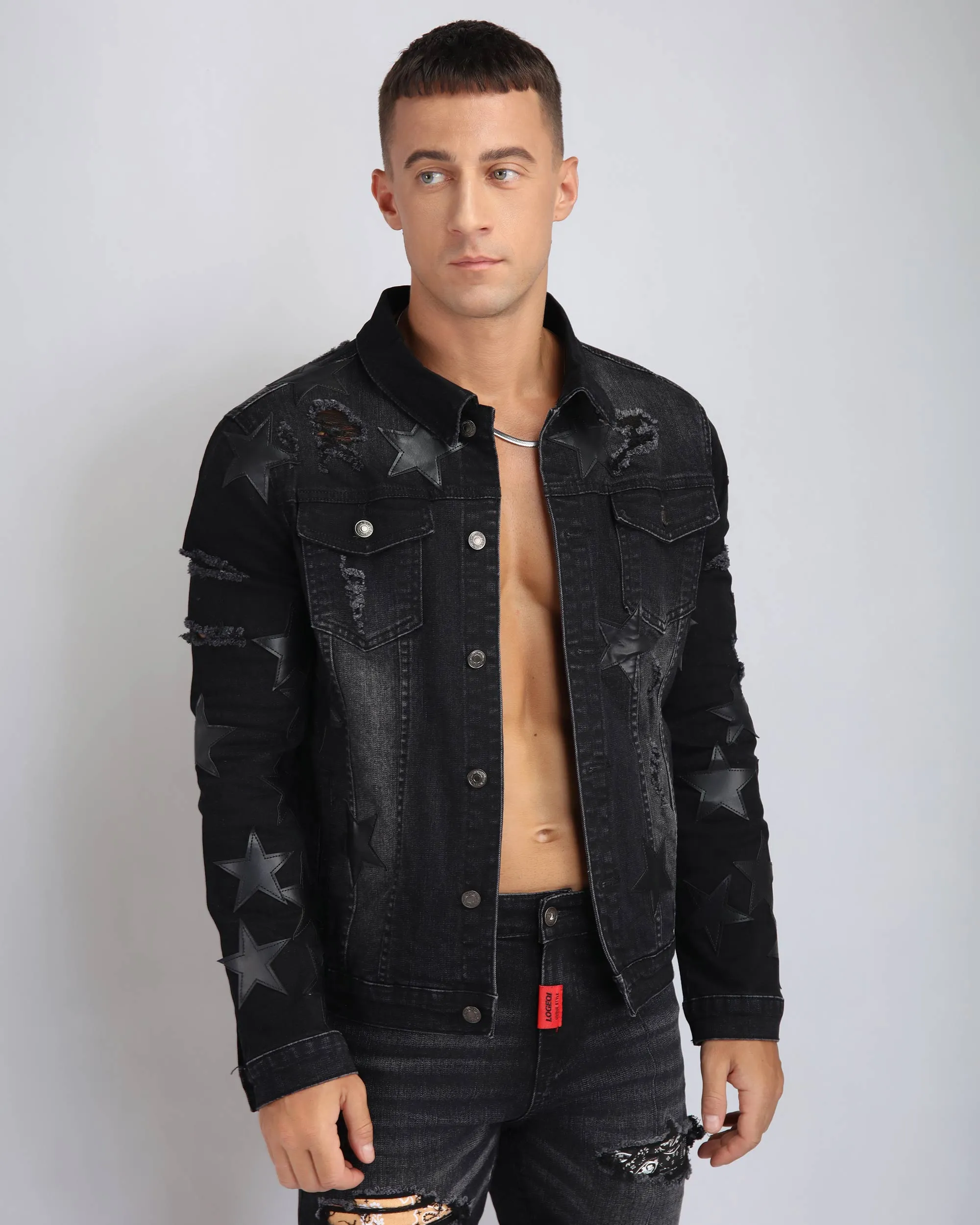Ripped Black Denim Jacket with Star Patches-Mexico Local Delivery