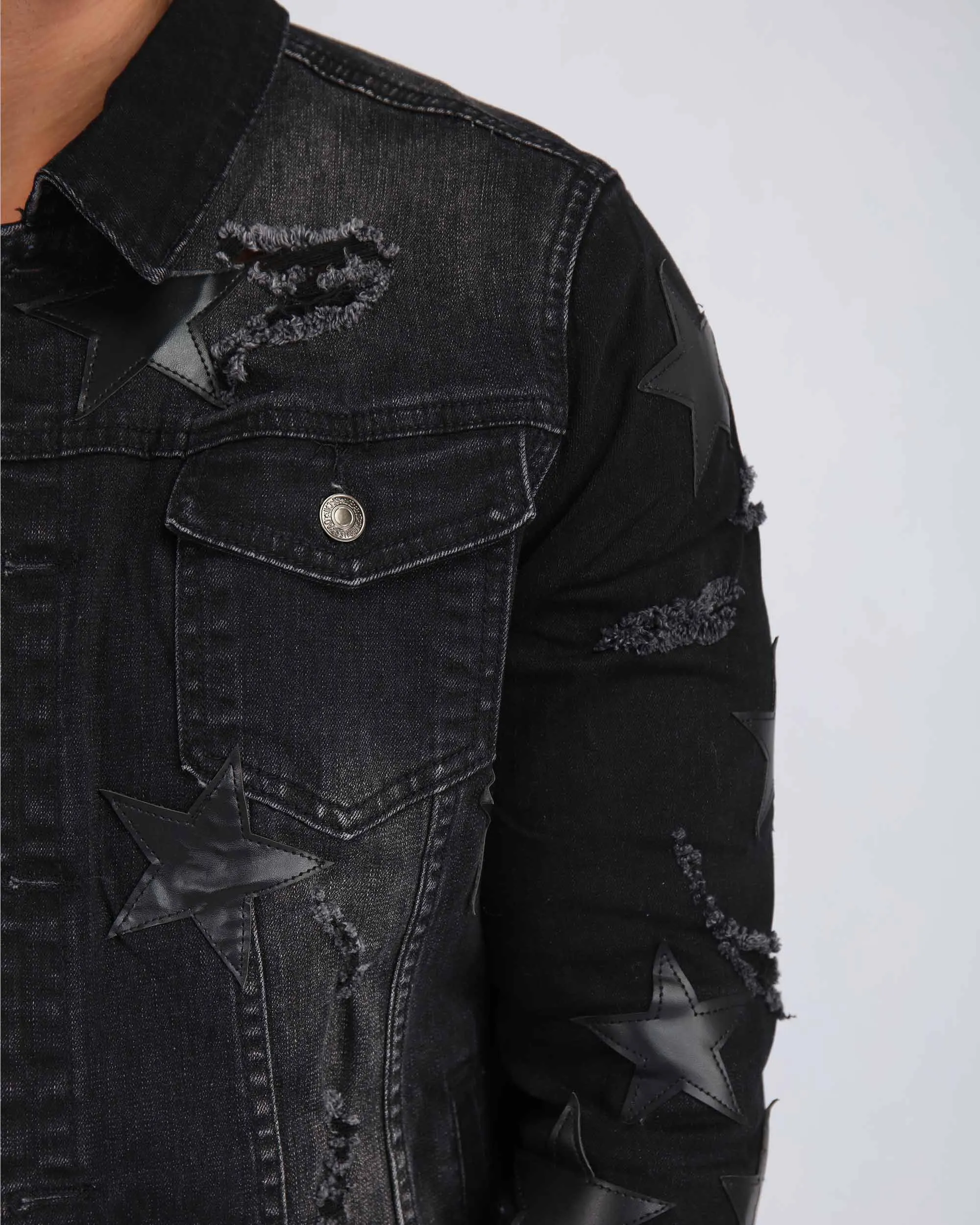 Ripped Black Denim Jacket with Star Patches-Mexico Local Delivery