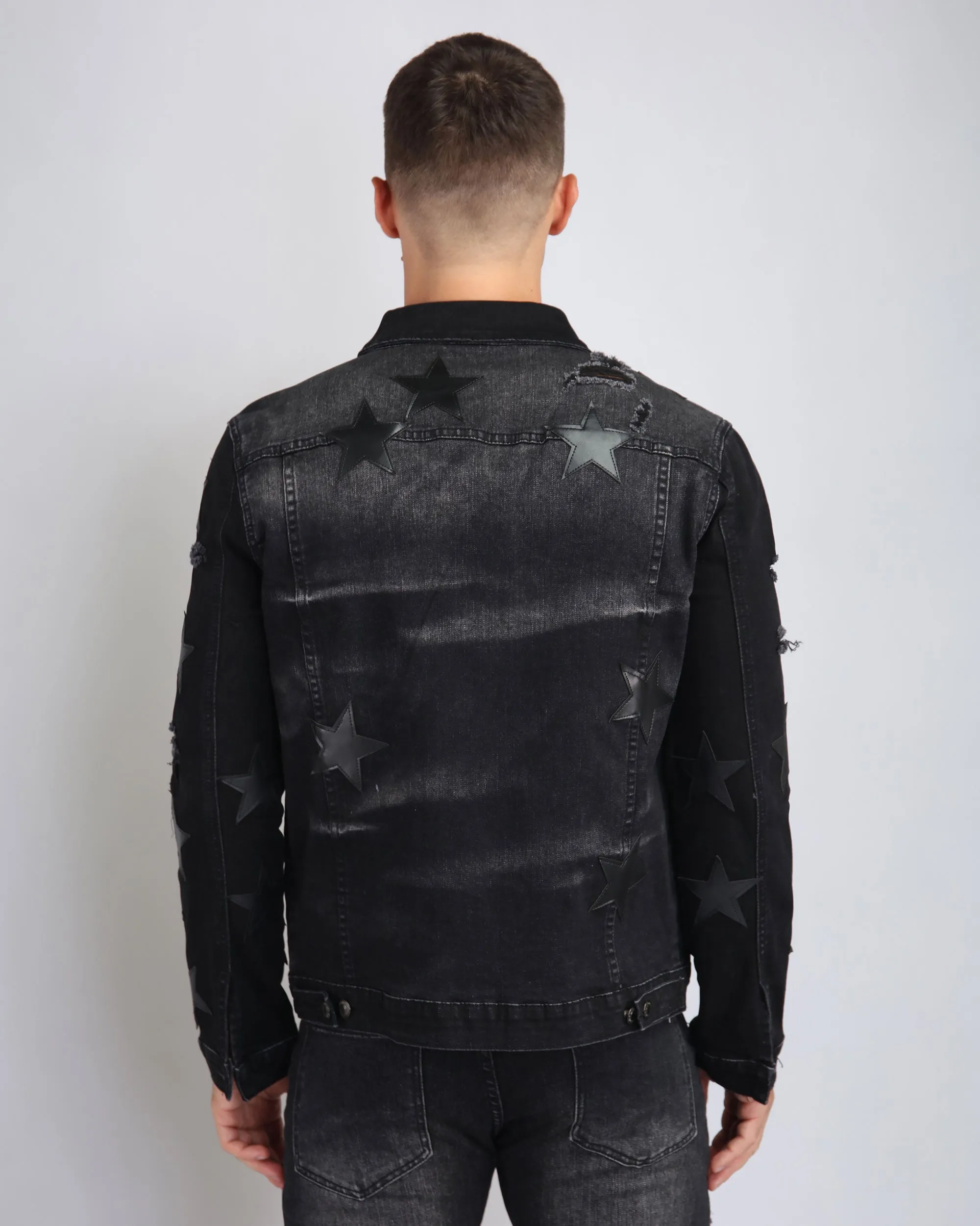 Ripped Black Denim Jacket with Star Patches-Mexico Local Delivery