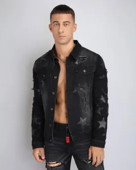 Ripped Black Denim Jacket with Star Patches-Mexico Local Delivery