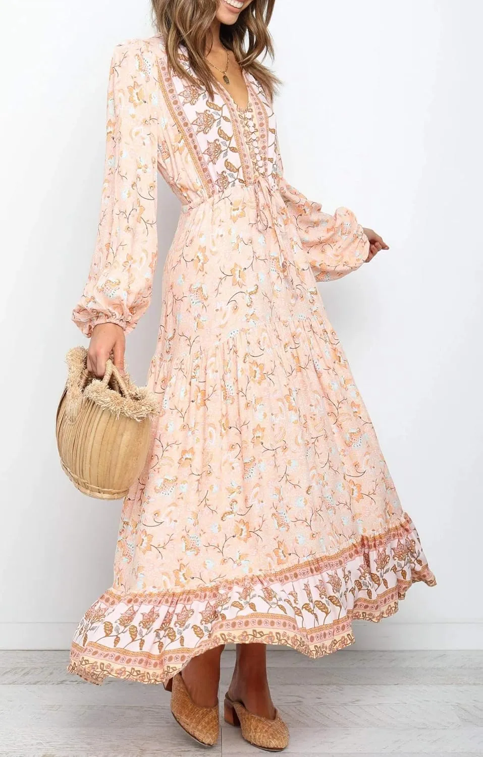 R.Vivimos Women's Long Sleeve Cotton V-Neck Button Up Floral Print Boho Flowy Midi Dresses