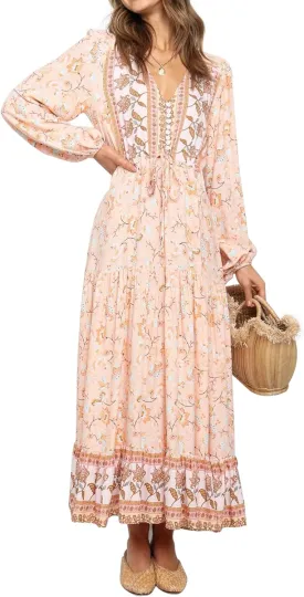 R.Vivimos Women's Long Sleeve Cotton V-Neck Button Up Floral Print Boho Flowy Midi Dresses