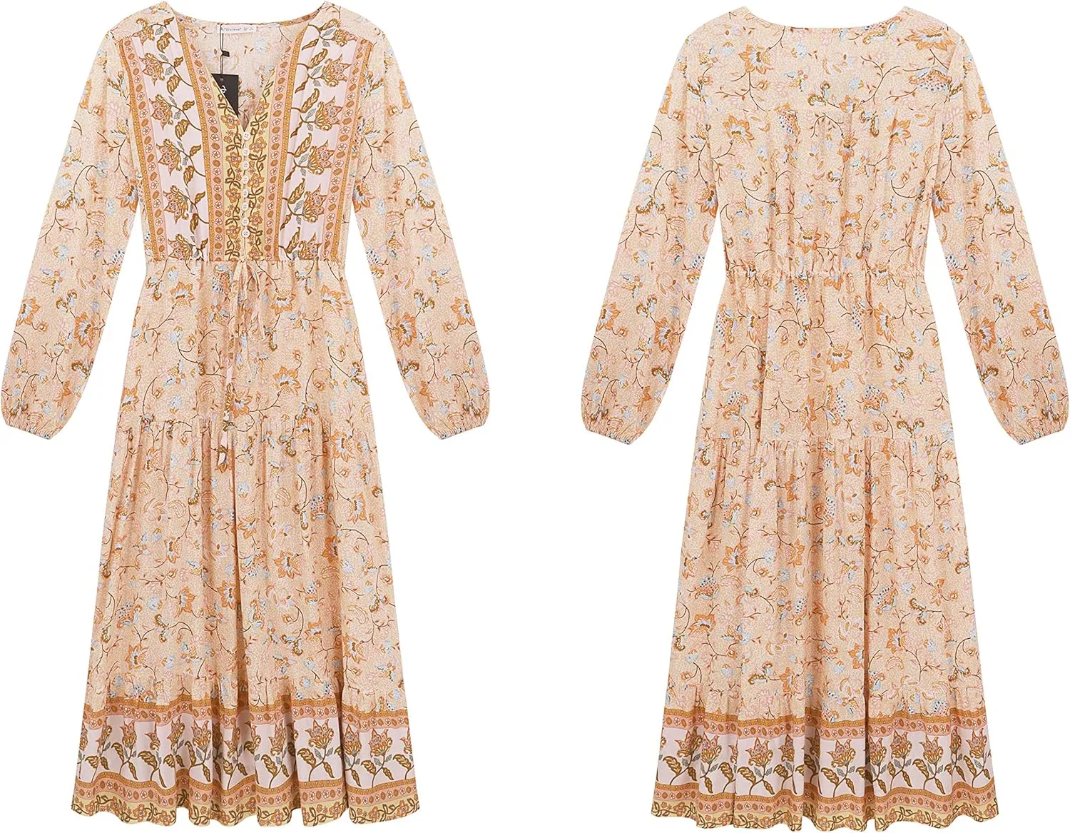 R.Vivimos Women's Long Sleeve Cotton V-Neck Button Up Floral Print Boho Flowy Midi Dresses